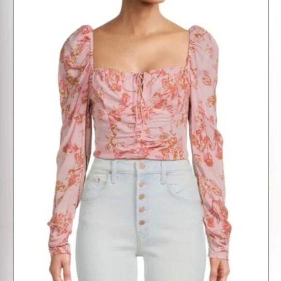 Free People Hilary floral pink Printed Top Pink Combo Boho crew summer /XS - Picture 1 of 10